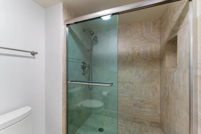 a bathroom with a shower and toilet