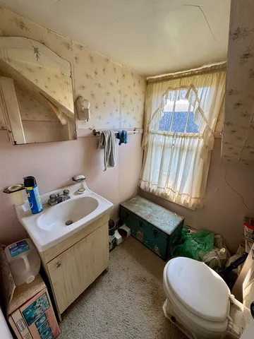 a bathroom with a sink mirror toilet and window