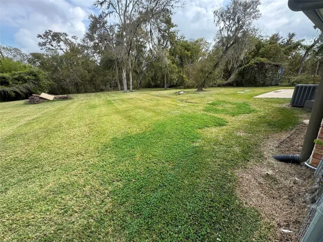 a view of a field with trees in the background