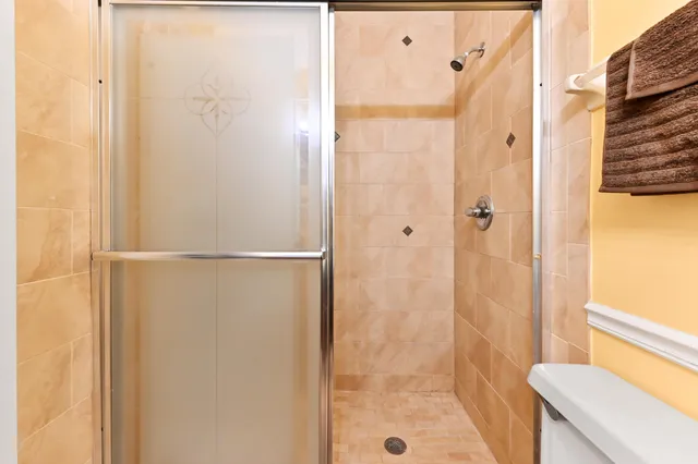 a bathroom with a shower and a toilet