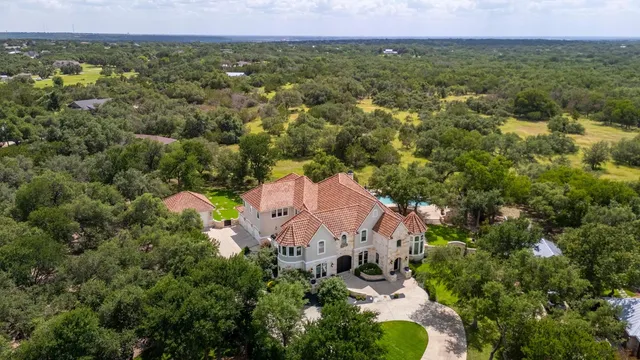 an aerial view of a house with a garden and a large tree