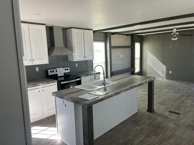a kitchen with granite countertop a sink a stove and cabinets
