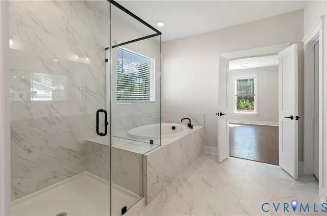 a bathroom with a tub a potted plant and a shower