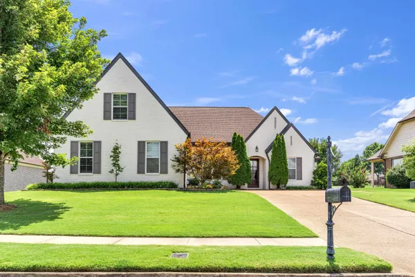 a front view of house with yard and green space