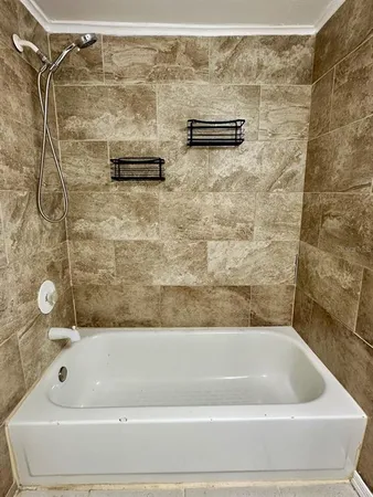 a bathroom with a bathtub