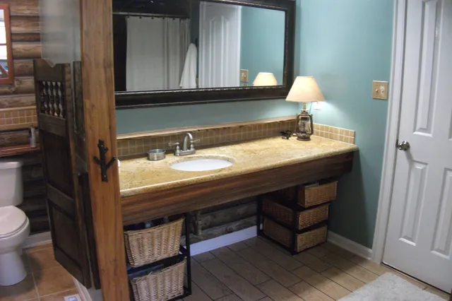 a bathroom with a sink a toilet and a mirror