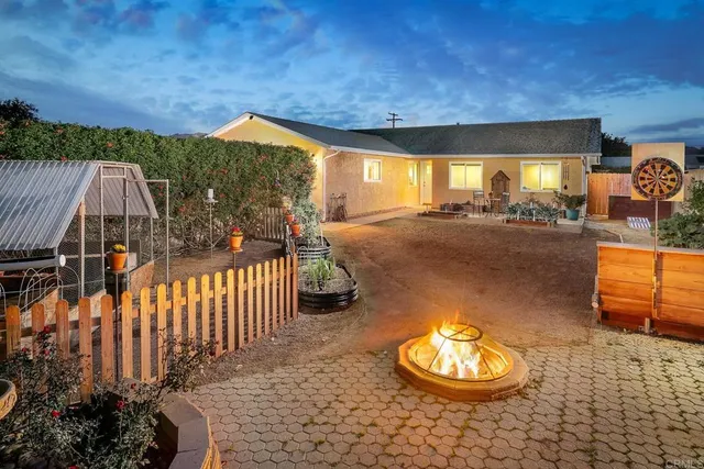 a view of a backyard with sitting area