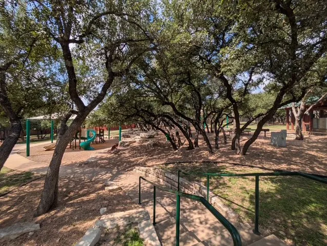 a view of a yard with plants and trees