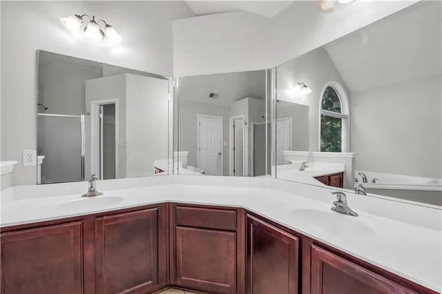 a bathroom with a double vanity sink and a mirror