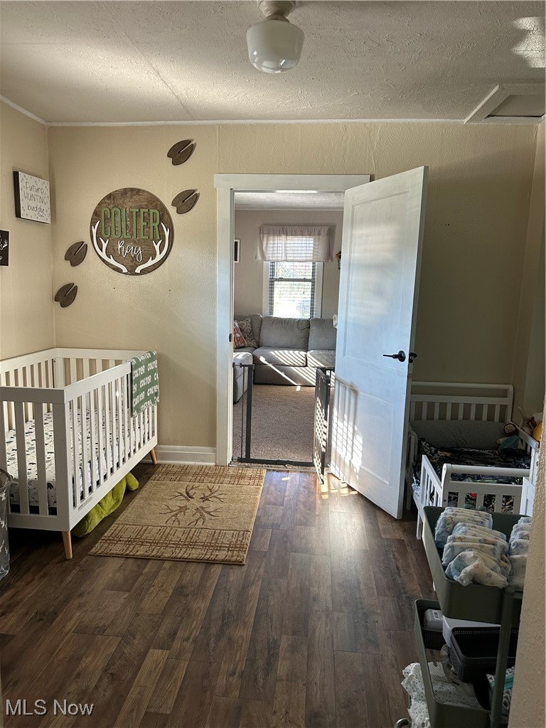422 Moose Ridge Road Woodsfield, OH 43793 - Photo 30 of 43 Bedroom with a crib, dark wood-style flooring, and a textured ceiling