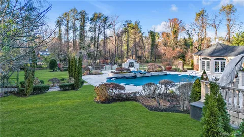 a view of a park with large trees
