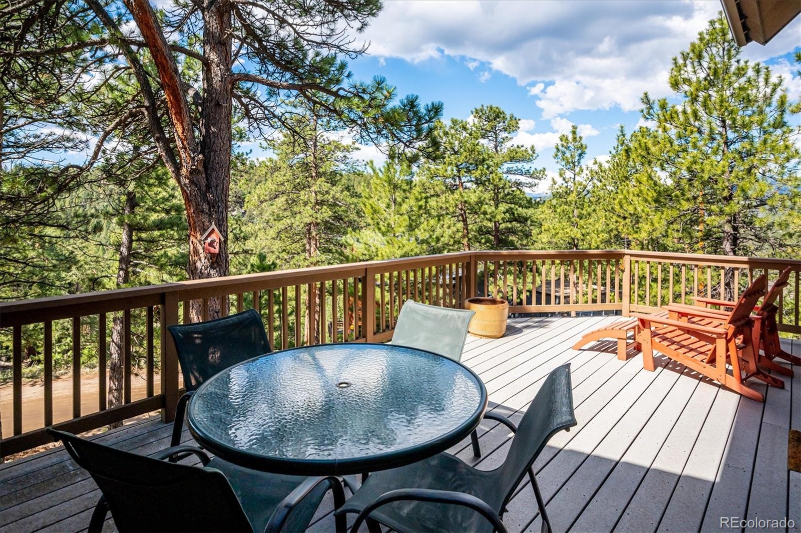 4671 Independence Trail Evergreen, CO 80439 - Photo 25 of 39 a balcony with wooden floor table and chairs