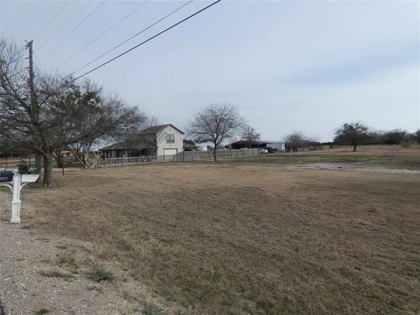 a view of a dry yard with trees
