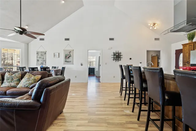 a view of a dining room with furniture