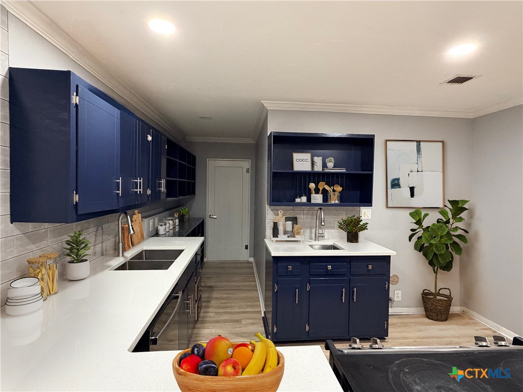 425 Woodland Point Road Belton, TX 76513 - Photo 11 of 27 a kitchen with granite countertop a sink and a wooden cabinets