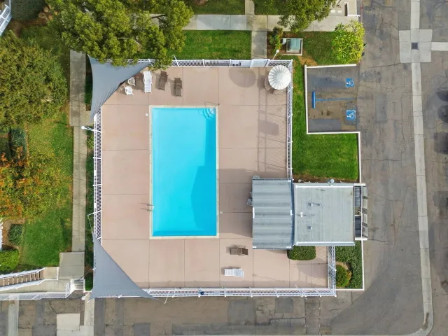 aerial view of a house with a yard and large tree