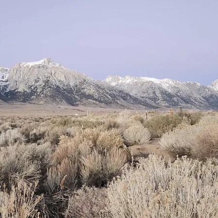 a view of a dry yard with mountains and green field