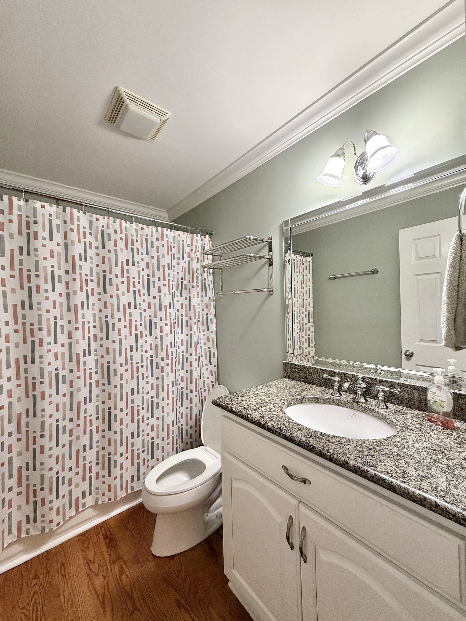 101 Mimi Circle Pulaski, TN 38478 - Photo 35 of 56 a bathroom with a granite countertop toilet a sink a mirror and shower curtain