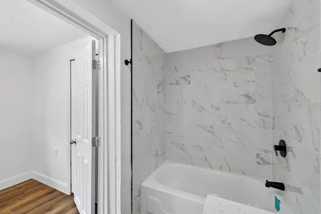 a bathroom with a bathtub