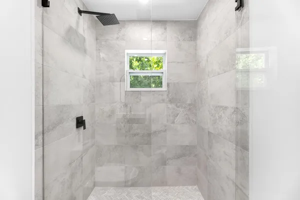 a bathroom with a window