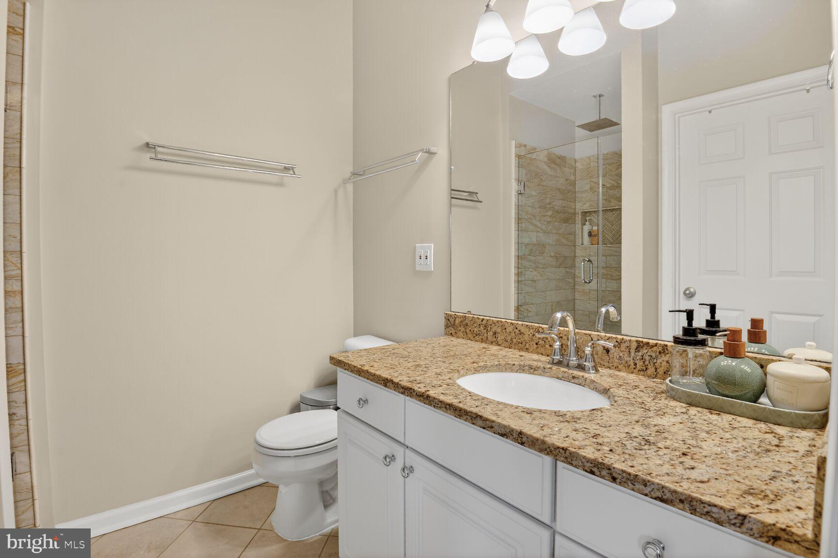 917 Rolfe Place Alexandria, VA 22314 - Photo 17 of 34 a bathroom with a granite countertop sink a toilet and a mirror