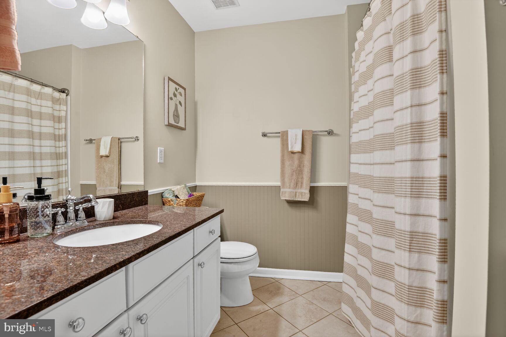 917 Rolfe Place Alexandria, VA 22314 - Photo 22 of 34 a bathroom with a granite countertop sink a toilet a mirror and shower