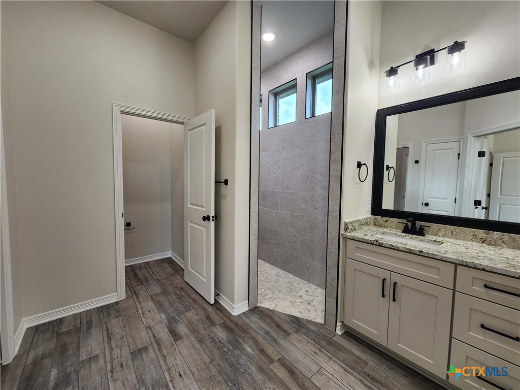 406 Talon Loop Salado, TX 76571 - Photo 20 of 31 a bathroom with a granite countertop sink and a mirror