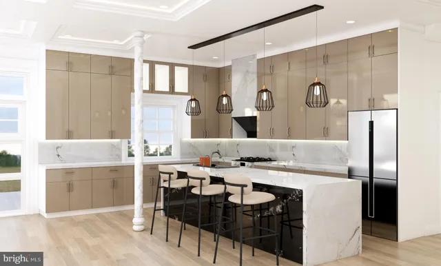 a kitchen with a table chairs refrigerator and cabinets