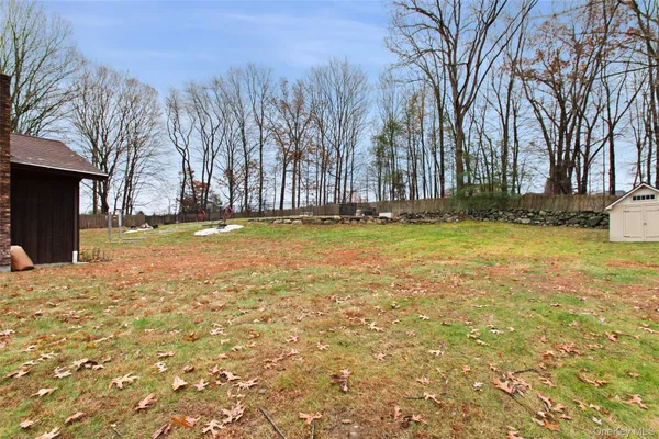 a view of a yard with large trees