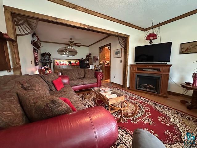 1601 4th Avenue International Falls, MN 56649 - Photo 11 of 50 Living room with crown molding, a fireplace, a ceiling fan, baseboards, and wood finished floors