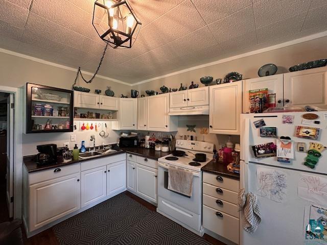 1601 4th Avenue International Falls, MN 56649 - Photo 46 of 50 Kitchen featuring white appliances, a sink, under cabinet range hood, dark countertops, and crown molding