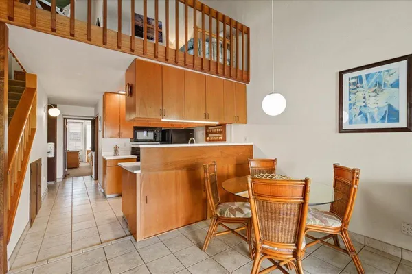 a view of a dining room with furniture