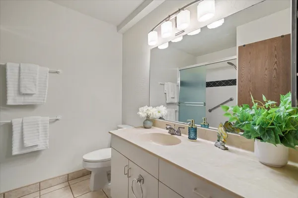 a bathroom with a sink a toilet and a mirror