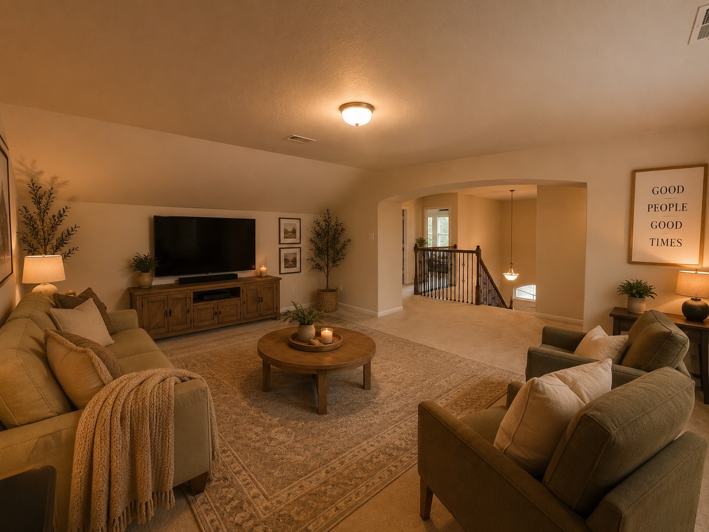5410 Peppermint Lane Baytown, TX 77521 - Photo 14 of 22 Virtually staged to showcase the potential for a warm and inviting family room, highlighting the versatility and comfort of this spacious upstairs retreat.