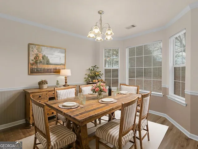 a view of a dining room with furniture window and wooden floor