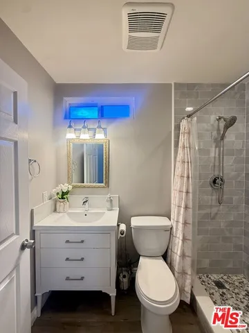 a bathroom with a toilet sink shower and mirror