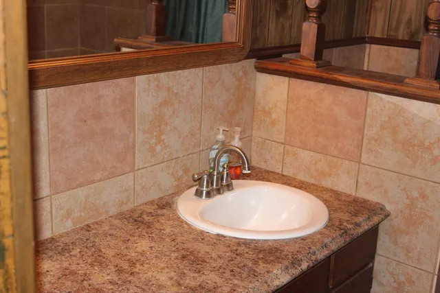 a bathroom with a sink and a mirror