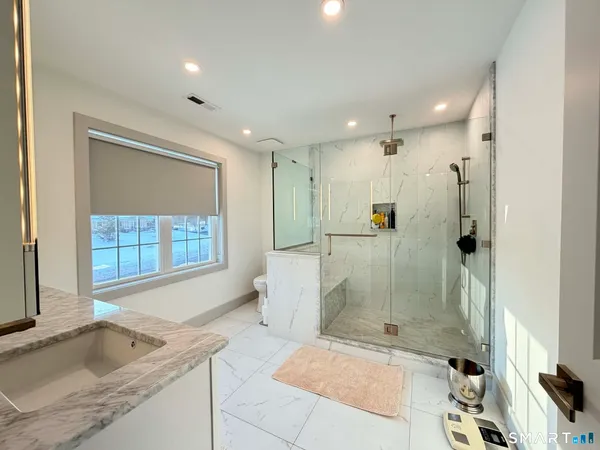 a bathroom with a granite countertop sink a toilet and shower