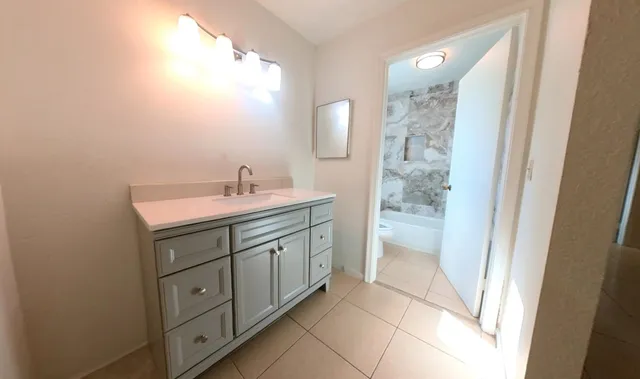 a bathroom with a sink a vanity and a mirror