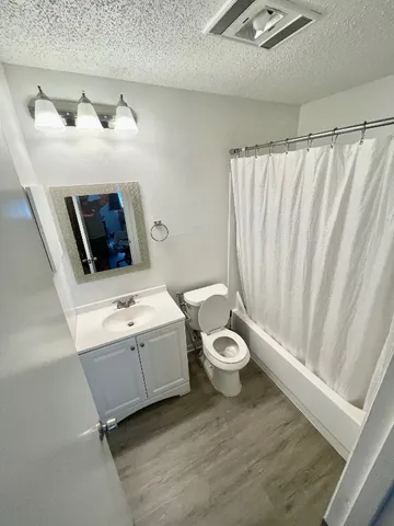 a bathroom with a sink mirror vanity and toilet