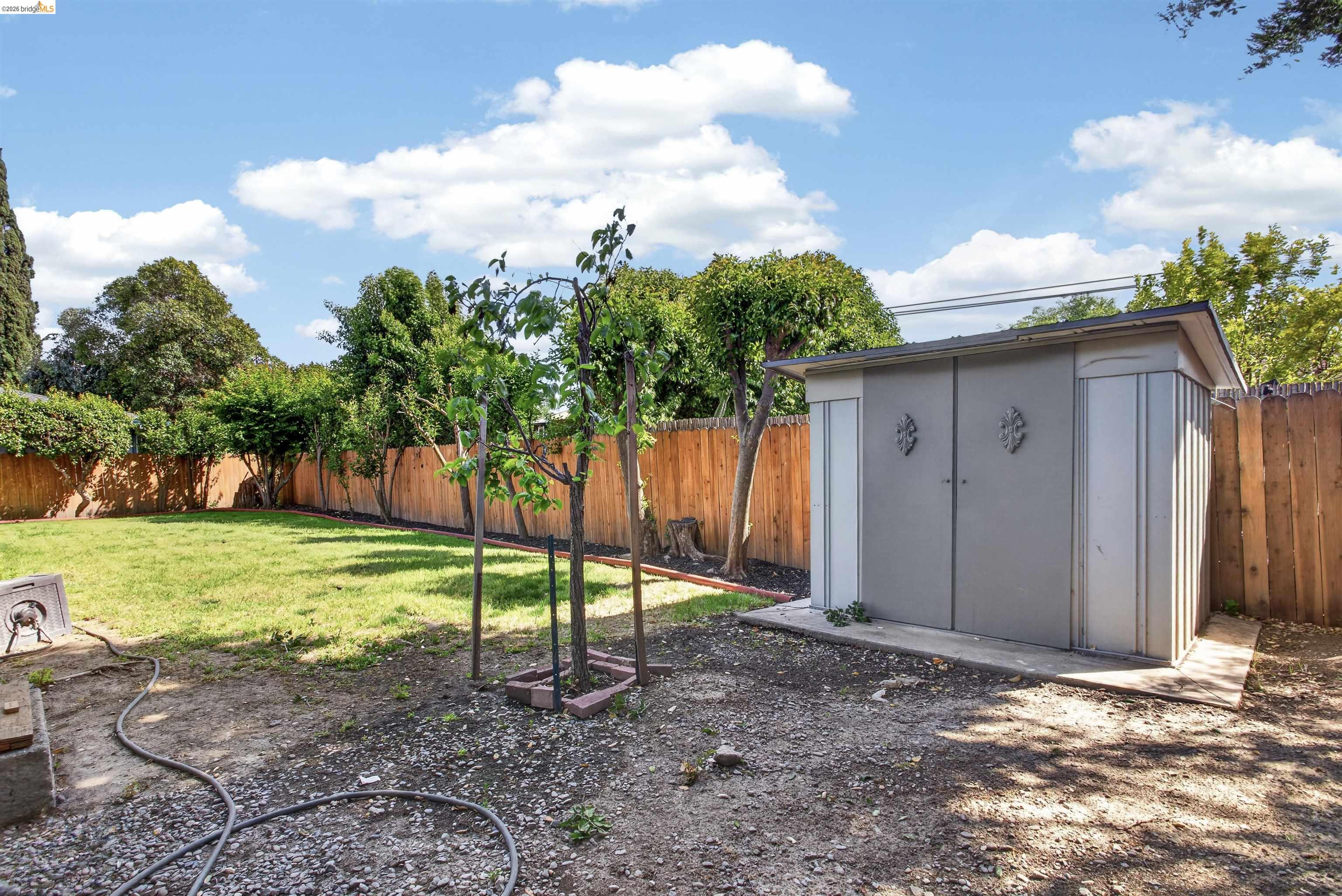4321 Davis Way Livermore, CA 94550 - Photo 32 of 34 Expansive backyard featuring a gray storage shed on a concrete pad, a manicured lawn area, and a wood fence