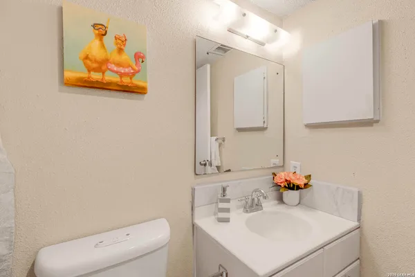 a bathroom with a sink mirror and toilet