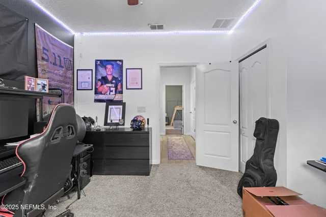 a view of backyard with potted plants and large tree