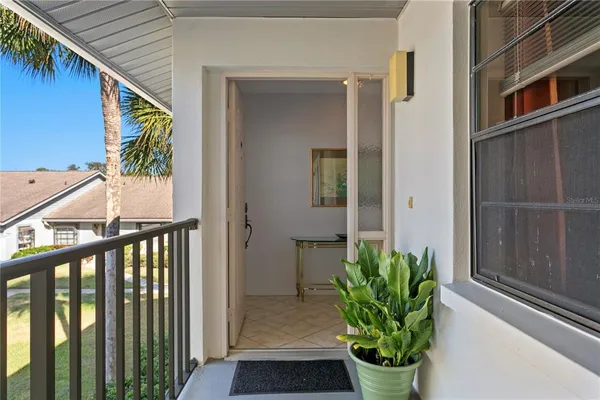 a view of a balcony with a potted plant
