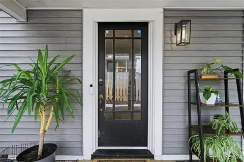 a potted plant in front of a door