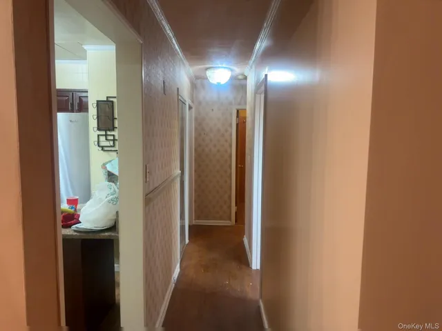 a view of a hallway with painted walls