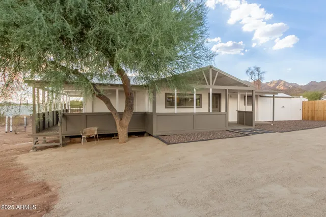 front view of a house with a patio