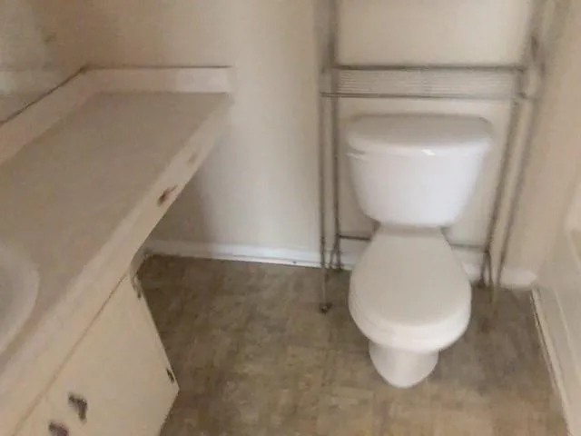 a bathroom with a toilet and a rug