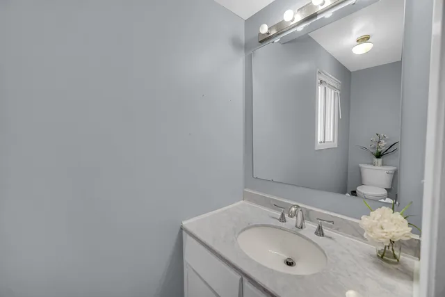a bathroom with a sink vanity and a mirror