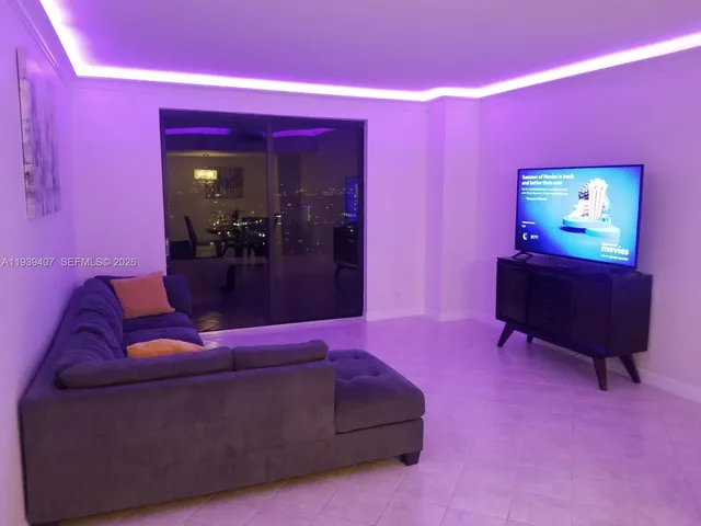 a living room with a large window